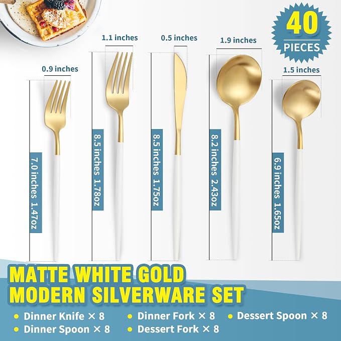 Matte White Gold Silverware Set for 8,Modern Stainless Steel Brushed Cutlery Set,40-Pieces Heavy Duty Flatware Set,Knives Spoons and Forks Set Utensils Set, Satin Finish, Dishwasher Safe