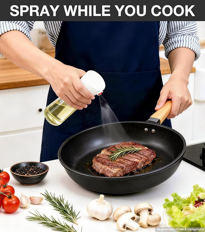 Oil Sprayer for Cooking, Olive Oil Sprayer, Approx. 1g Per Press (1) | Patented Spray Structure, Glass Bottle, Wide Fan Mist, Built-in Filter for Air Fryer, Salad, BBQ and Baking