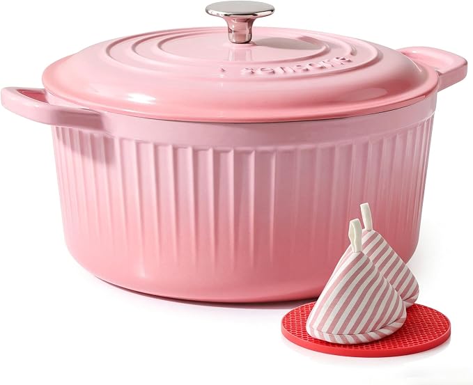 SENSARTE Enameled Cast Iron Dutch Oven Pot with Lid 3.5/5.5/6.5 Quart Heavy-Duty Round Dual Handles Kitchen Pot with Cotton Potholders & Silicone Trivet, Pot for Bread Baking, Stews, Braising, Roasting, Oven Safe, 5.5 Quart, Pink