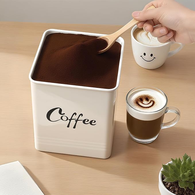 Airtight Coffee Canister-Coffee Container, Airtight 40 oz Large Iron Beige Storage Container for Coffee Grounds, Beans, Pods & More,Coffee Bar Accessories & Gifts