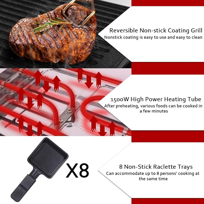 CUSIMAX Raclette Grill Electric Grill Table Portable 2in1 Korean BBQ Grill | Reversible Non-stick Plate, Crepe Maker with Adjustable Temperature Control, 8 Paddles & Shovels/Adjustable Temperature