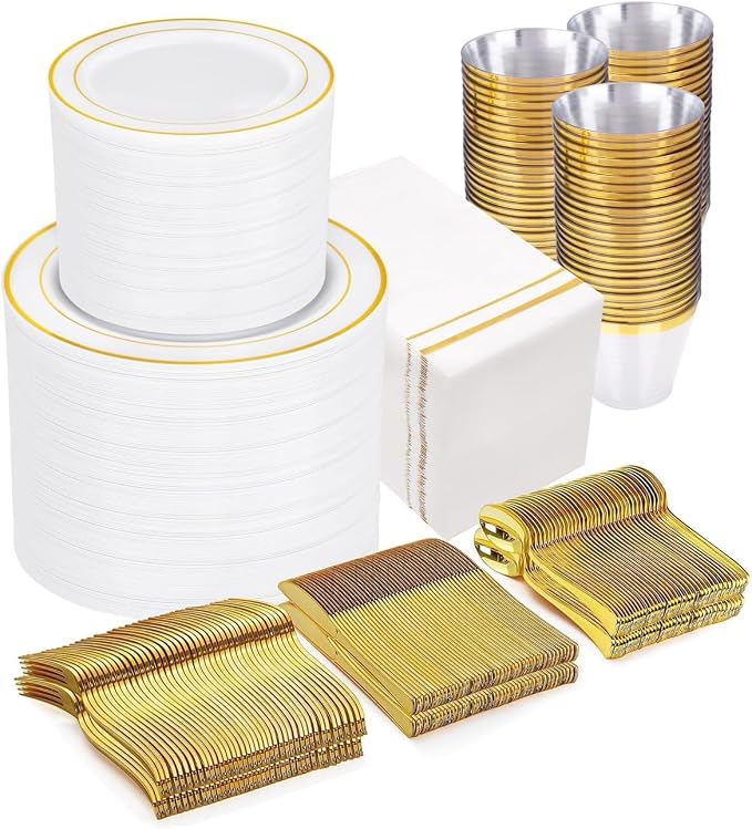GATHER 700PCS Gold Plastic Dinnerware Set for 100 Guests for Wedding Party | White and Gold Disposable Dinnerware Sets include 200 Plate, 300 Silverware, 100 Cups, 100 Napkins for Anniversary