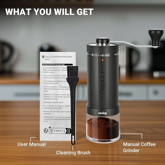 CEVING World's First 60g Large Capacity Manual Coffee Grinder, Gray | 40 External Settings, Portable Hand Coffee Bean Mill with Ceramic Conical Burr for Travel, Camping, Drip, Pour Over & Gift