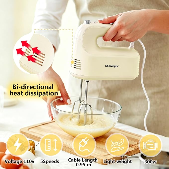 Electric Hand Mixer, 300W Handheld Mixer with 5 Stainless Steel Accessories, 5 Adjustable Speeds + Turbo Boost & Self-Control, One-Button Eject, Food Beater for Cakes, Eggs, Dough (Beige)