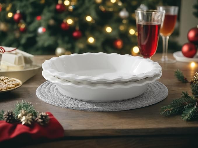 MALACASA 40 Oz Ceramic Pie Pan Set of 2, 9 Inch Fluted Pie Dish | Baking, Versatile for Quiche, Pie, Tart, Casserole, Oven, Microwave, Dishwasher Safe, Non-Stick Glaze, Even Heat Distribution