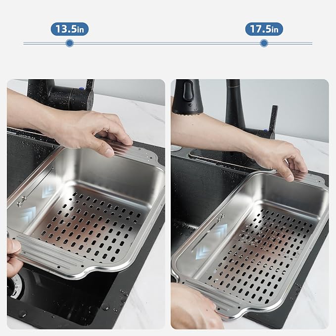 Over the Sink Colander Strainer Basket, ALL METAL Extendable Drain Colander | For Wash Vegetables and Fruits Dry Dishes, 6 Quart Large Size, New Home Kitchen Essentials