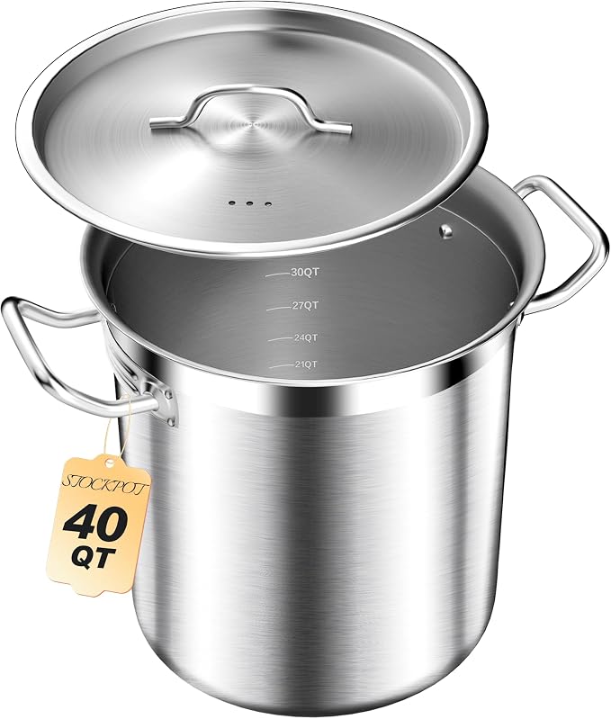 STOCKPOT Large Stock Pot with Lid – Professional Stainless Steel Stockpot 40 Quart – Heavy Duty Cooking Pot for Catering, Soup, and Seafood Boil – Compatible with Most Cooktops