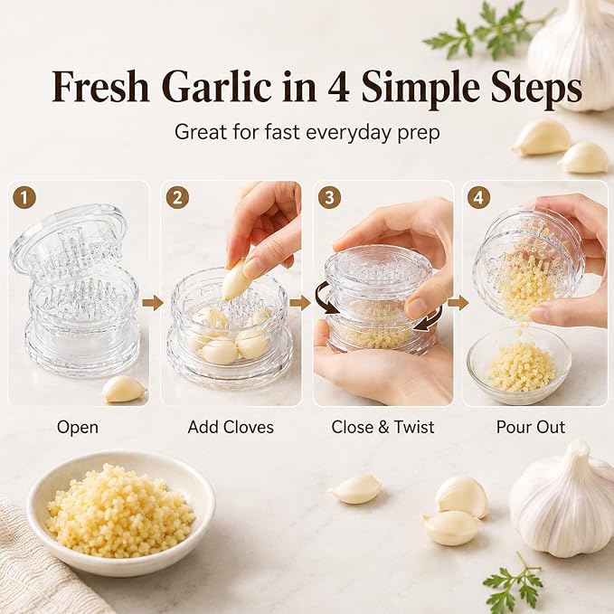 Transparent Manual Garlic Twist, Multi-Functional Mincer & Grinder for Garlic, Onion, Ginger, Herbs, Impact Resistant Kitchen Gadget