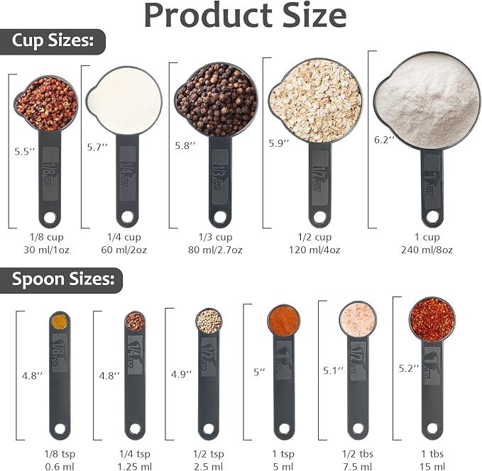 Accmor Measuring Cups & Spoons Set, Plastic Stackable Cups and Spoons, 11 Pcs Different Capacities Tablespoons Kitchen Gadgets Measuring Cup Set, Nesting Measure Sets for Dry Liquid Ingredients (Grey)