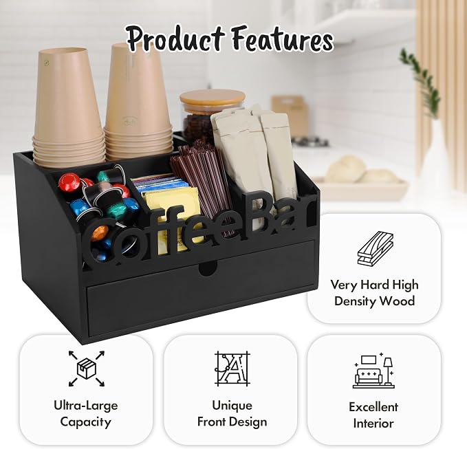 Coffee Bar Organizer Countertop, Wooden Coffee Station with Black Drawer | Coffee Pods, Tea Bags, Creamers & Condiments
