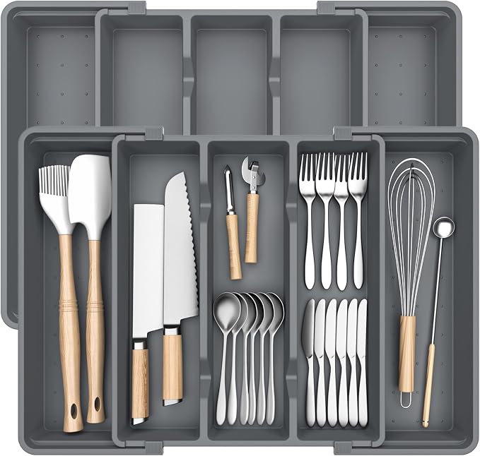 Large Expandable Silverware Drawer Organizer, Utensil Tray | Kitchen Drawer Organizer for Spoons/Forks/Knives, Multipurpose & BPA Free Cutlery Tray(2 Pack, Gray)