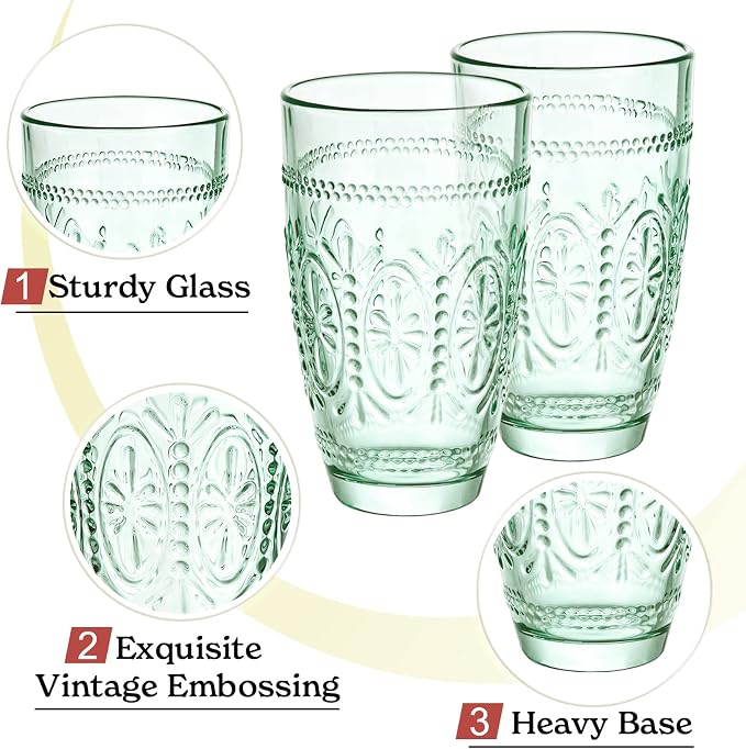 Colored Vintage Drinking Glasses Set of 4, 15.5 oz Romantic Embossed Water Glasses, Colored Tumblers Tempered Glass for Juice, Beverages, Beer, Cocktail (Green)
