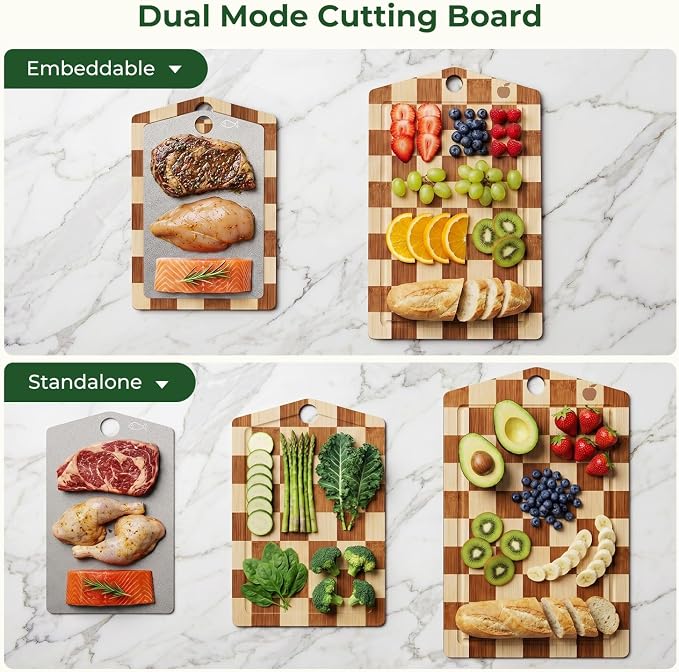 Pure Titanium Cutting Board, Bamboo Cutting Boards Set for Kitchen | 3PCS Chopping Boards for Kitchen, Large Metal Wood Cutting Board, Non Slip, Juice Grooves, Knife-Friendly, Dishwasher Safe