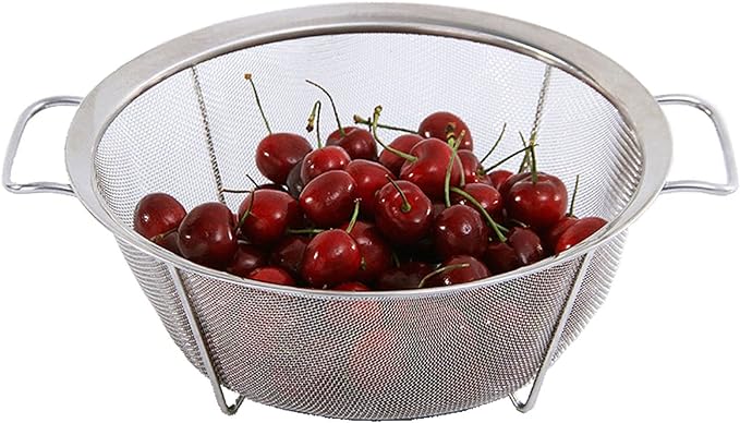 AJIODA Stainless Steel Mesh Colander Strainer Basket, 4 Quart Fine Mesh Net Colander with Heavy Duty Handles & Wide Rim & Resting Feet for Strain, Drain, Rinse, Fry, Steam or Cook Vegetables & Pasta