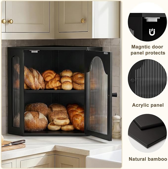 2-Tier Corner Bread Box for Kitchen Countertop with Acrylic Wavy Door Panel | Bread Storage for Homemade Bread, Large Bamboo Vintage Farmhouse Bread Bin, Cabinet Cupboard Pantry, Black, Extra Large