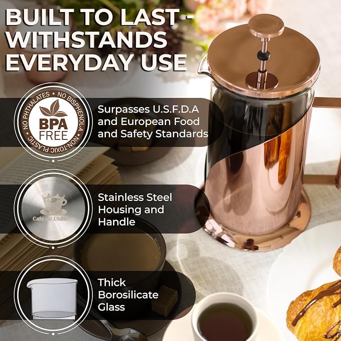 Cafe Du Chateau Stainless Steel French Press Coffee Maker 34 oz - Easy to Use Insulated Coffee Press with 4-Level Filtration, Manual Brewer for Tea, Camping & Travel with BPA Free, Durable Clear Glass