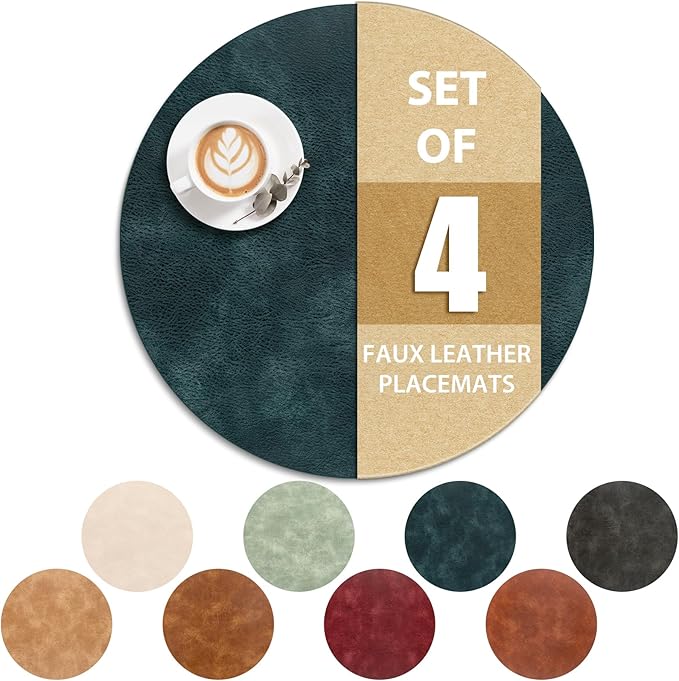 ADRIMER Placemats, Heat Resistant Round Placemats Set of 4 Washable, Waterproof Table Mats, Wipeable Faux Leather Place Mats for Kitchen, Dining Room, Dark Blue