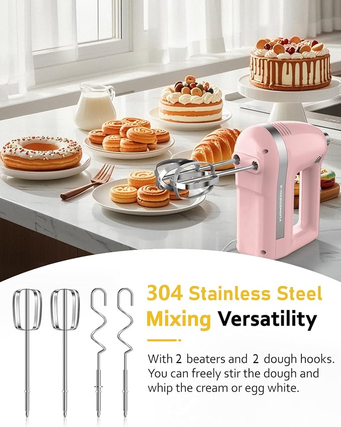 Electric Hand Mixer, Powerful Hand Mixer Electric Handheld with 304*(2*Beaters, 2*Dough Hooks),(1*Storage Bag) Hand Held Mixer with Turbo for Baking Cakes,Cream(Pink)