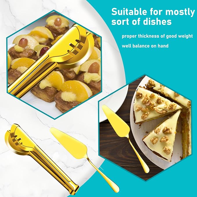 Serving Utensils, 15 Pcs Stainless Steel Large Flatware Serving Tools Kit | Include Spoons, Forks, Tongs, Slotted Spoon, Ladle, Cake Server for Kitchen Catering Banquet Wedding Buffet Party, Gold