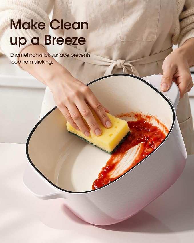 5 Qt Enameled Cast Iron Dutch Oven with Lid, Cream Pink White | 6-Layer Nonstick Enamel, Extra Capacity Oval Design, Heavy Self-Basting Lid, Heat-Resistant Silicone Pad Included