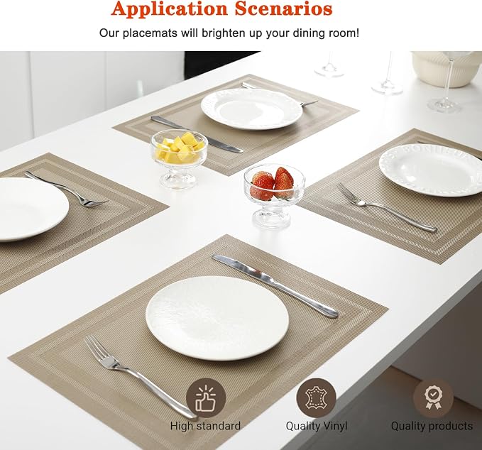 Beige Vinyl Placemats Set of 8,Washable Dining PVC Table Mats | Heat resistant, stain resistant non slip vinyl place mats, washable beige table placemats for dining table
