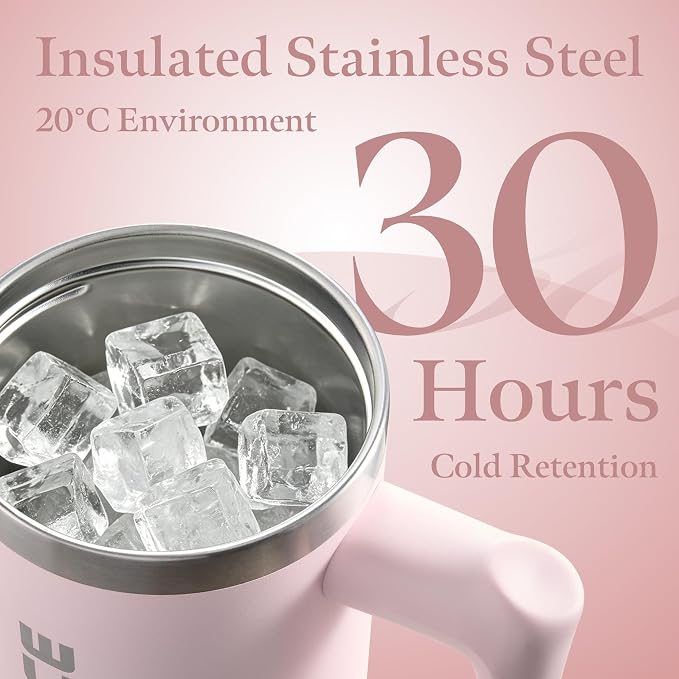 30 oz Pink Insulated Coffee Tumbler with Handle and Flip Straw 100% Leakproof Stainless Steel Iced Travel Coffee Cup with Lid Vacuum Cold Beverages Water Bottle Car Office Gifts for Women Men