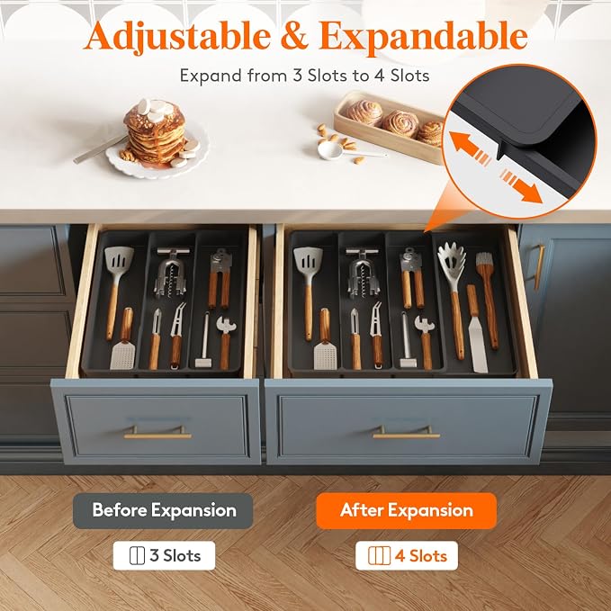 Lifewit Utensil Organizer for Kitchen Drawer, Expandable Cooking Tray | Adjustable Cutlery Flatware Holder, Plastic Silverware Spatula Tools Storage Divider, 11.9-17.3 x 15.8", Black