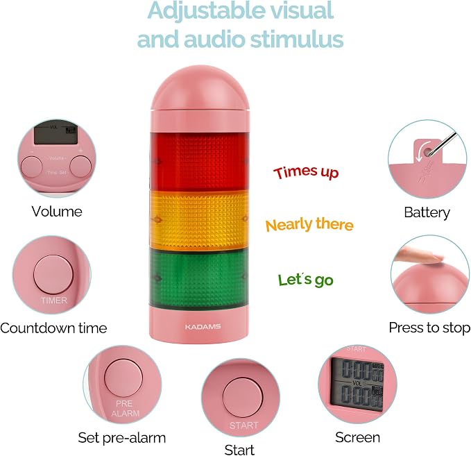 KADAMS Visual Timer for Kids with Pre-Alarm, Traffic Light Countdown Timer for ADHD Toddlers Classroom 24H Digital Timer, 5 Volume Levels Mute Pause Memory for Homework Learning Home Routine