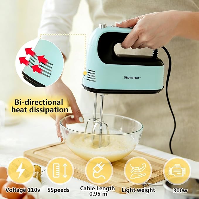 Electric Hand mixer - Adjustable Speed 300W Handheld Mixer Electric Whisk with 5 Stainless Steel Accessories, Turbo Boost/Self-Control Speed + Eject Button Food Beater for Cakes Eggs