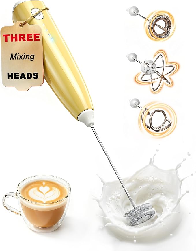 Milk Frother Handheld,Portable Electric Drink Mixer&Wand,Egg Whisk (Yellow) | USB C Rechargeable | 3 Detachable Whisks | 3 Adjustable Speeds | Quiet Operation | For Coffee, Latte, Matcha,protein powder