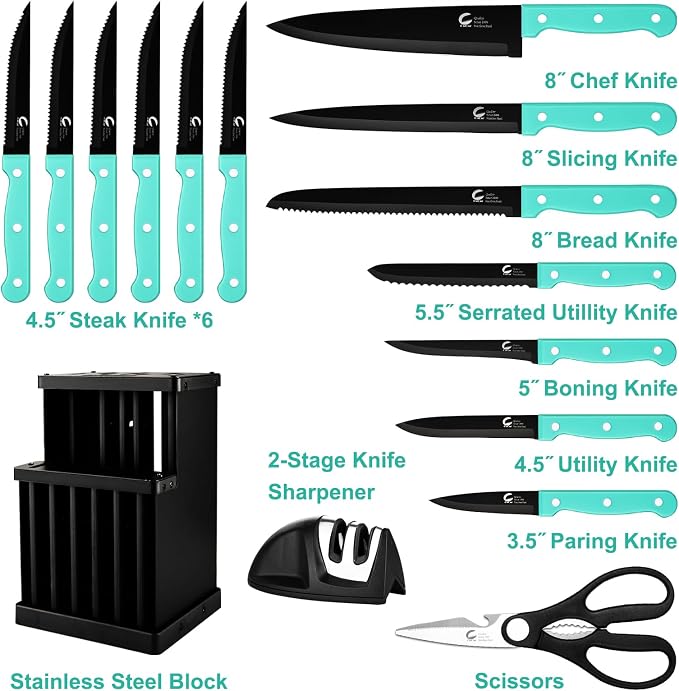 16-Piece Kitchen Knife Set with Block - High Carbon Stainless Steel Knives, Black Non-Stick Coating, Triple Riveted Forged Turquoise Handle, Dishwasher Safe, Includes Knife Sharpener, Scissors