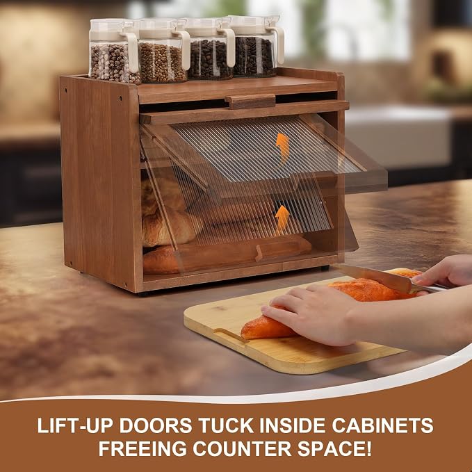 Wooden Bread Box for Kitchen Countertop, 2 Tier Bread Storage Container with Acrylic Door, Adjustable Shelf, Ventilation Holes, Brown