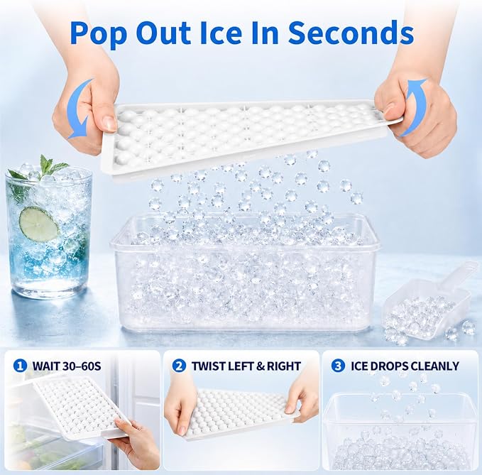 Mini Ice Cube Trays with Lid & Bin, Tiny Pebble Ice Balls for Coffee | Make 416 Mini Ice Balls with 4 Trays, Easy Release, Stackable, Scoop Included, for Iced Coffee, Drinks and Daily Use