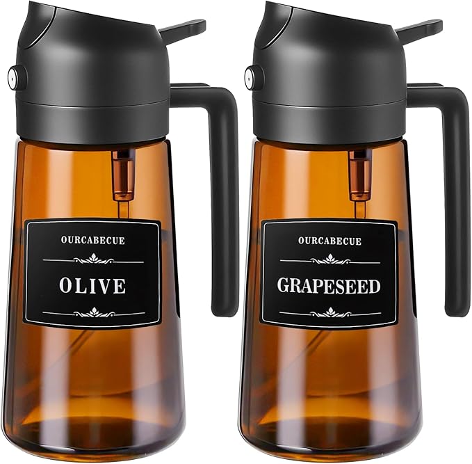 Olive Oil Sprayer & Dispenser for Cooking, 16oz Dark Glass Oil Mister, 2PC | 2-in-1 Oil Sprayer & Pourer, Fine mist, Light-Blocking, Wide Mouth for Easy Refill & Clean, 8 Oil Labels, Reusable