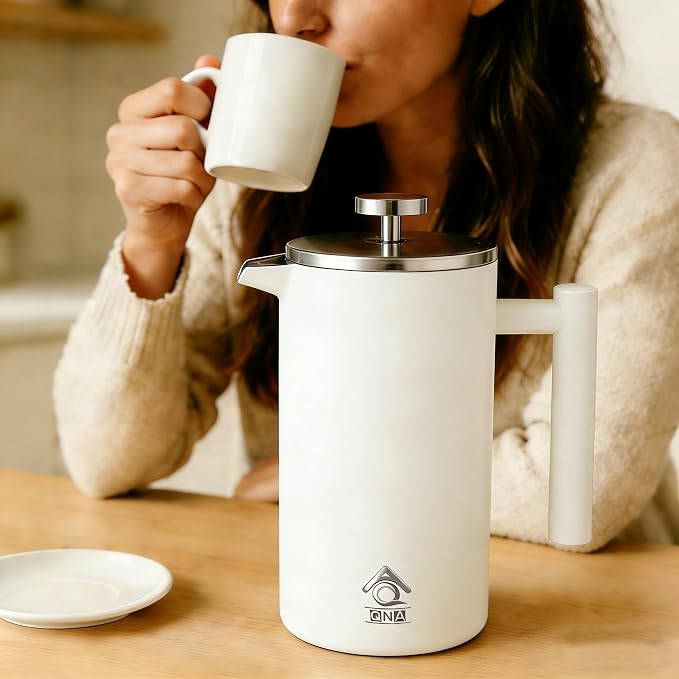 QNA French Press Coffee Maker, 34oz(1000ml)304 Stainless Steel, Double Wall | Includes a coffee canister and extra filter for upgraded 4-layer filtration, delivering smoother coffee with fewer grounds.