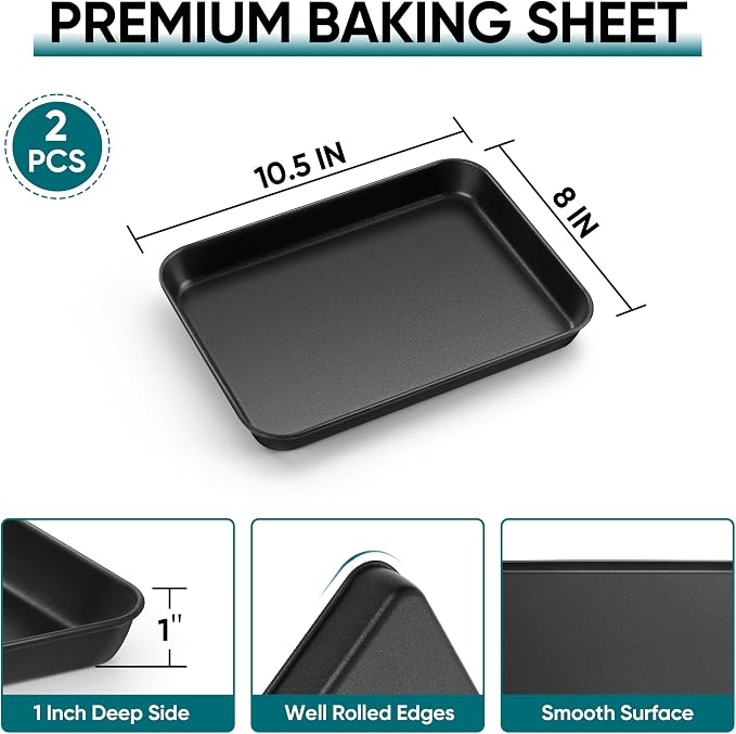 E-far Baking Sheet Set of 2, 10.5" x 8" x 1" Cookie Sheet Pan for Baking | Nonstick Carbon Steel, Half Sheet Baking Pans Trays for Toaster Oven, Roasting/Cooking, Non-toxic & Healthy, Easy Clean