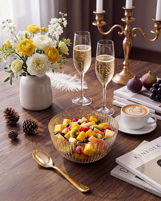 bUCLA 12 PCS Plastic Cereal Bowls Set - 28 Oz Gold Glitter Disposable Vertical Stripes Serving Bowls for Snack, Salad, Dessert & Fruit