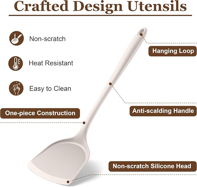 LIANYU Non-Toxic Kitchen Cooking Utensils Set, 8Pcs Khaki Silicone Utensils | Stainless Steel Core, Non-Scratch Spatula Spoon Turner, Heat Resistant & Dishwasher Safe