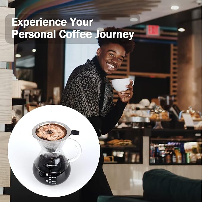 T-mark Pour Over Coffee Maker with Reusable Double-layer Stainless Steel Filter, 600ml/20oz BPA-Free Glass Coffee Carafe, Glass Coffee Maker, Coffee Dripper Brewer | BPA-Free Glass Coffee Carafe, Glass Coffee Maker, Coffee Dripper Brewer