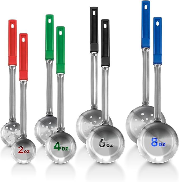 Portion Control Serving Spoons (Set of 8), Slotted & Unslotted Portion Scoops for Food, Heavy Duty Stainless Steel Utensils for Portion Control, 2, 4, 6, and 8oz Scoops for Portion Perfection