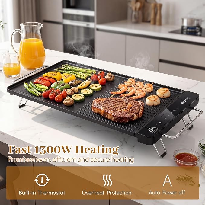 COSTWAY Electric Grill w/Removable Touch Panel, 1300W Indoor Griddle w/Adjustable Temperature, Fast Even Heating, Cool-Touch Handles & Foldable Legs, Dishwasher Safe IPX9 Waterproof Nonstick Plate