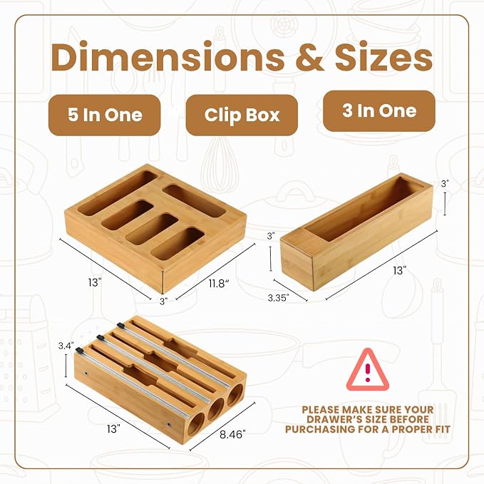 9 in 1 Storage Bag Organizer for Kitchen Drawer, Bamboo Foil and Plastic Wrap Dispenser with Cutter, Food Storage Bag Organizer for Quart, Gallon, Sandwich & Snack Bags, Aluminum Foil Organizer