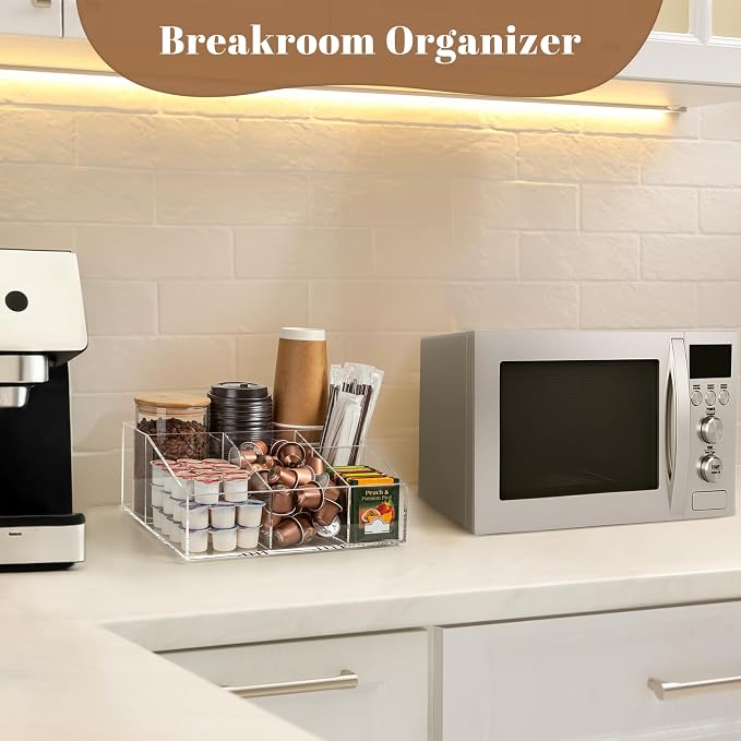 BEYGORM Acrylic Coffee Bar Station Organizer for Countertop | Coffee Gift for Coffee Lovers, Office Breakroom Storage Holder for Kcup Pod, Condiment, Cup, Tea, Creamer, Syrup (Clear)