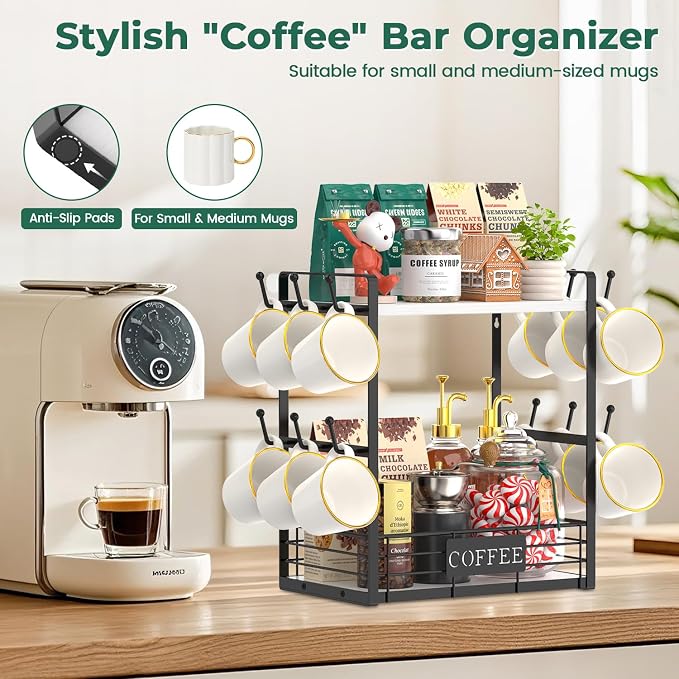 EsLuker.ly Coffee Mug Cup Holder Tree Bar Station Organizer, 2 Tier White | Mug Stand Rack for Countertop Kitchen, Storage Tower Display Shelf with 12 Hooks, Coffee Nook Enhancer