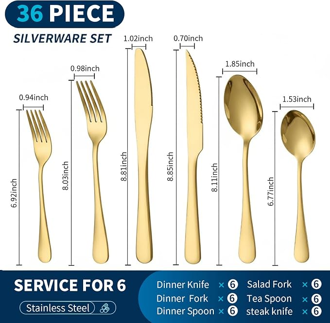 GPY 36-Piece Gold Silverware Set with Steak Knives, Flatware Set for 6 | 18/0 Stainless Steel Forks Spoons and Knives Flatware Set with Mirror Polish, Dishwasher Safe for Home Kitchen & Restaurant