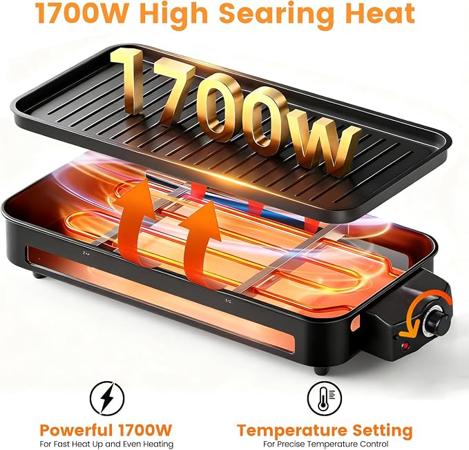 Electric Indoor Grill 1700W 2 in 1 Smokeless Griddle Grill Pan for Kitchen | Temperature Setting Inside Countertop Korean BBQ Grill with Grilling Net & Non-Stick Removable Griddle Plate and 3 Cheese Pan