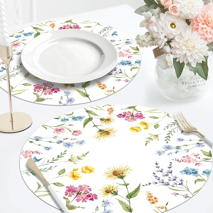 50 PCS Disposable Floral Paper Placemats Watercolor Wildflower Round Placemat Summer Table Mats for Wedding Anniversary Bride Party Supplies