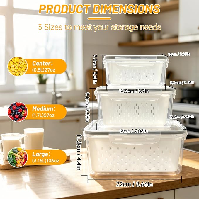 3 Pack Fruit Storage Containers for Fridge with Removable Colander | 3 BPA-free produce storage containers with colanders, airtight lids and stackable design for fruits and vegetables.