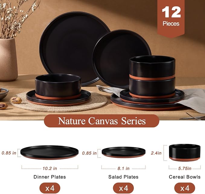LIANYU 12 Pieces Porcelain Dinnerware Set, Dishes Set for 4, Charcoal Black | High-Fired Ceramic Plates and Bowls Set for 4, Chip & Scratch Resistant, Microwave Dishwasher Safe