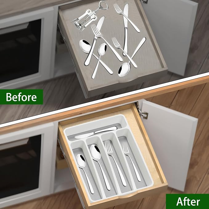 Loyareal Silverware Organizer 2 Pieces Utenisl Organizer Holder Kitchen Drawer Organizer Plastic Silverware Tray for Drawer Flatware Organizer 5 Compartment White